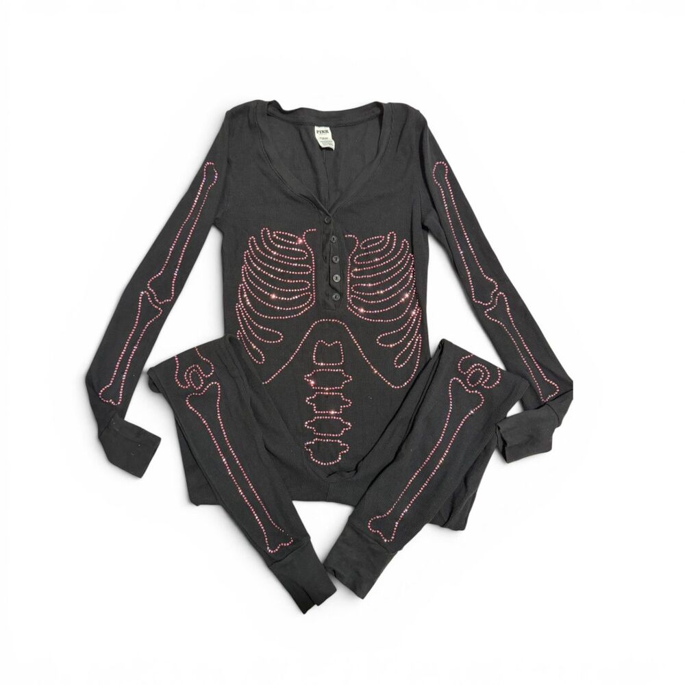 VS PINK Skeleton Bling Halloween Onesie Black XS